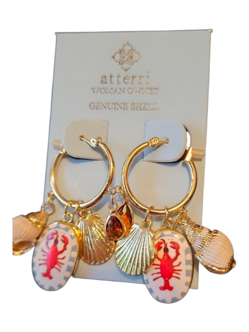 💛▪️Atterri ▪️Gold Tone  Lobster Print Huggie Genuine Shell  Earrings